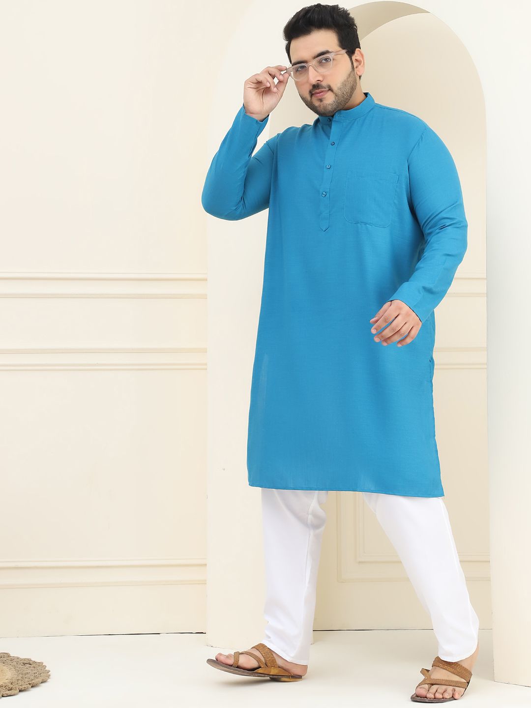 SOJANYA PLUS Kolar Mandarin Kurta Lurus Kapas Tulen dengan Piyama
