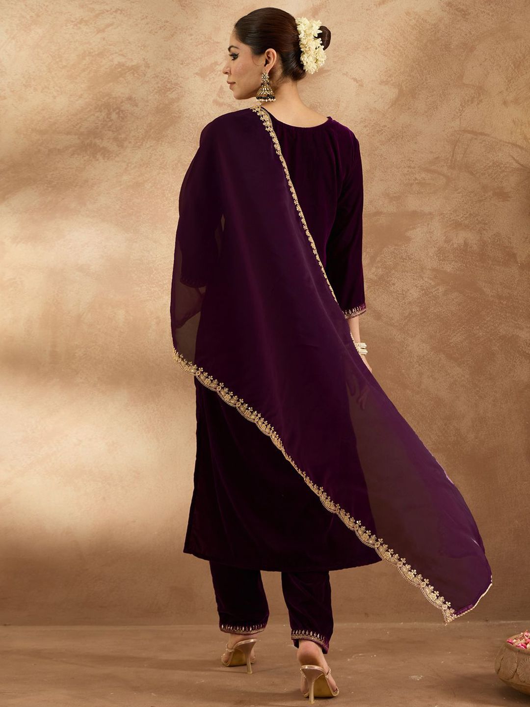 Indo Era Women Ethnic Motifs Embroidered Regular Velvet Kurta with Trousers & With Dupatta