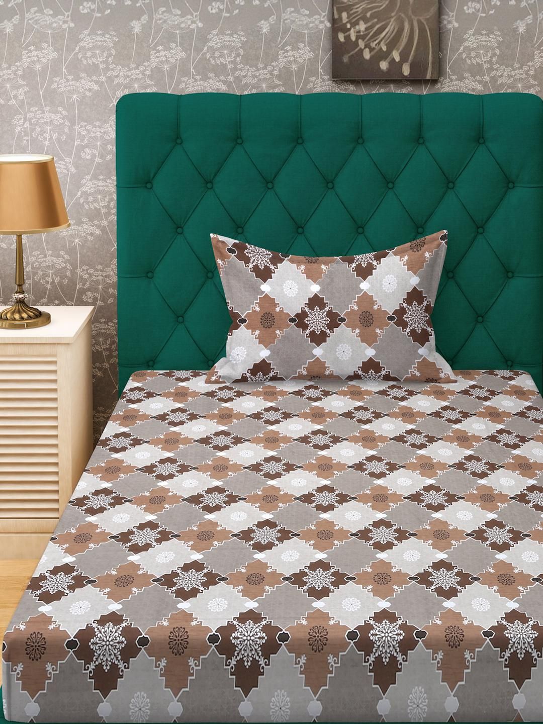 KLOTTHE Brown Geometric Cotton Single Bedsheets