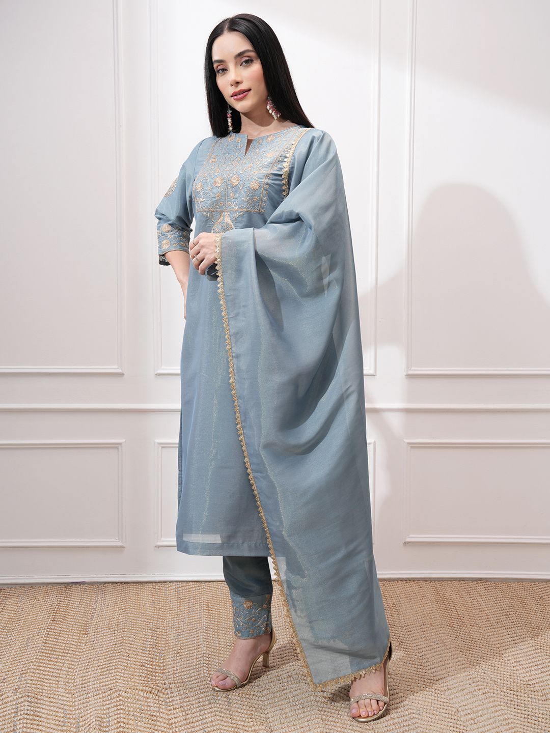 Vishudh Women Ethnic Motifs Embroidered Regular Kurta with Trousers & With Dupatta