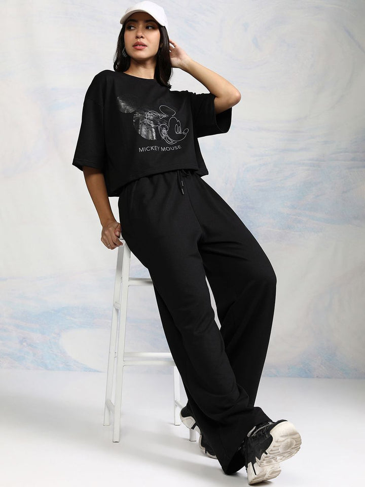 Tokyo Talkies Disney Women Mickey Mouse Printed Crop T-Shirt With Trouser Co-Ord Set