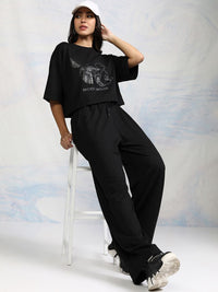 Tokyo Talkies Disney Women Mickey Mouse Printed Crop T-Shirt With Trouser Co-Ord Set