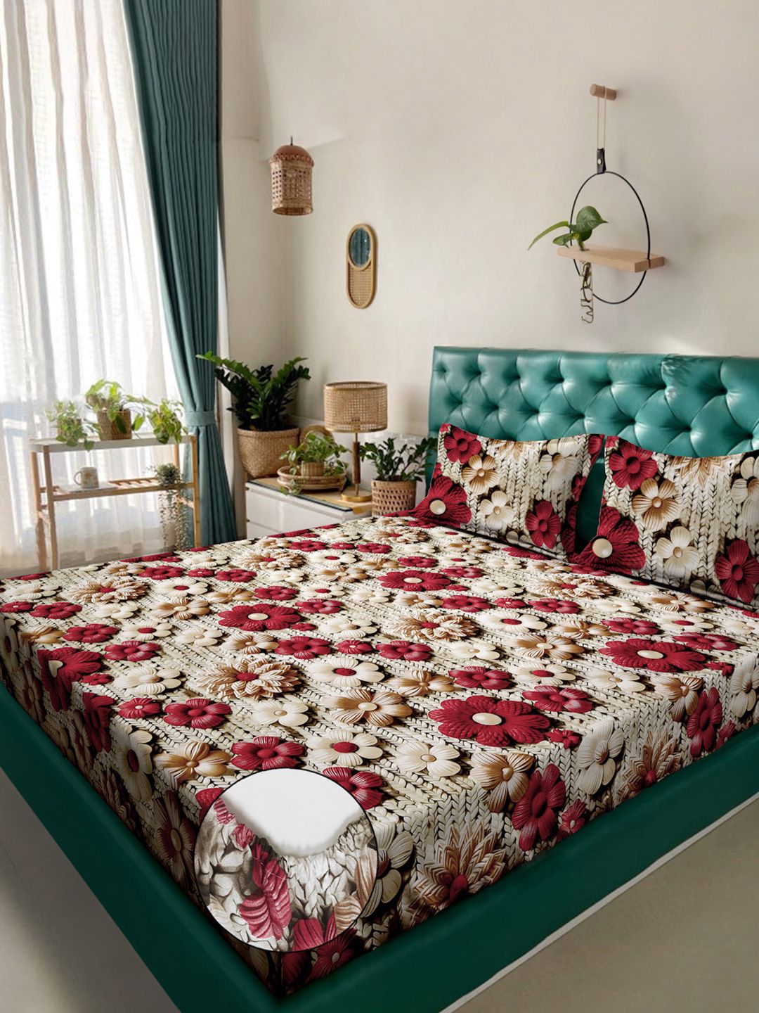 KLOTTHE Beige & Red Floral Printed Fitted 300 TC King Double 7D Bedsheet & 2 Pillow Cover