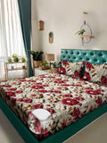KLOTTHE Beige & Red Floral Printed Dilengkapi 300 TC King Double Cadar 7D & 2 Sarung Bantal