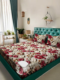 KLOTTHE Beige & Red Floral Printed Dilengkapi 300 TC King Double Cadar 7D & 2 Sarung Bantal