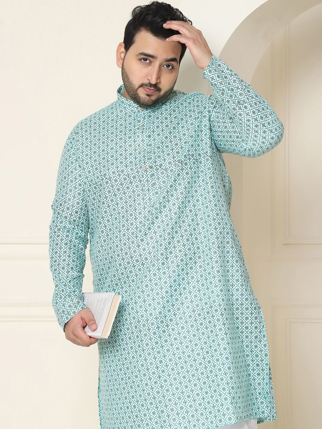SOJANYA PLUS Ethnic Motifs Band Collar Straight Kurta With Pyjamas