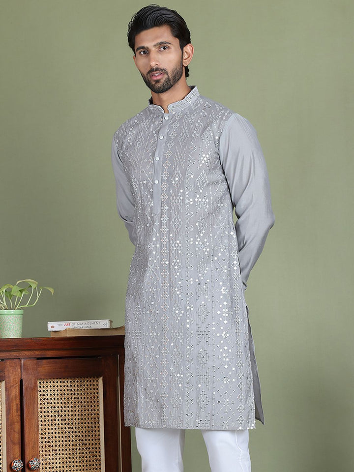 Jompers Ethnic Motifs Embroidered Mirror Work Mandarin Collar Straight  Kurta
