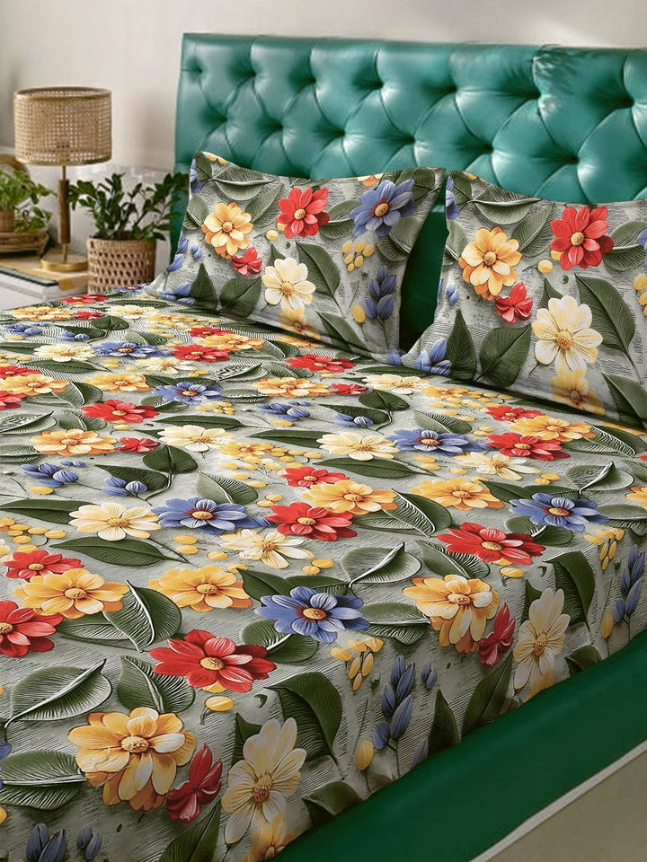 Myntra Elegant Homes Green Floral 300 TC King Cadar dengan 2 Sarung Bantal