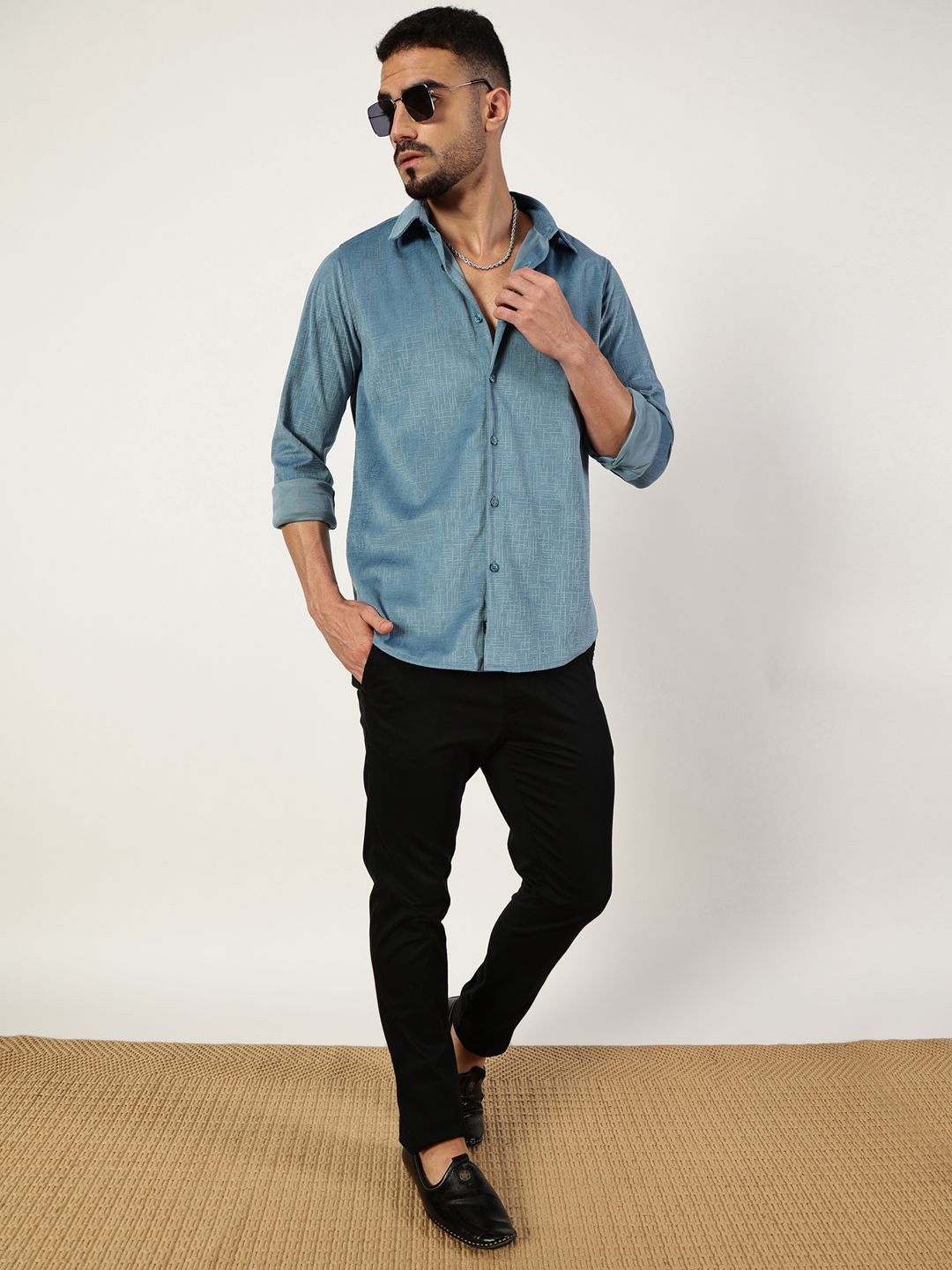 Thomas Scott Men Premium Spread Collar Textured Slim Fit Casual Shirt