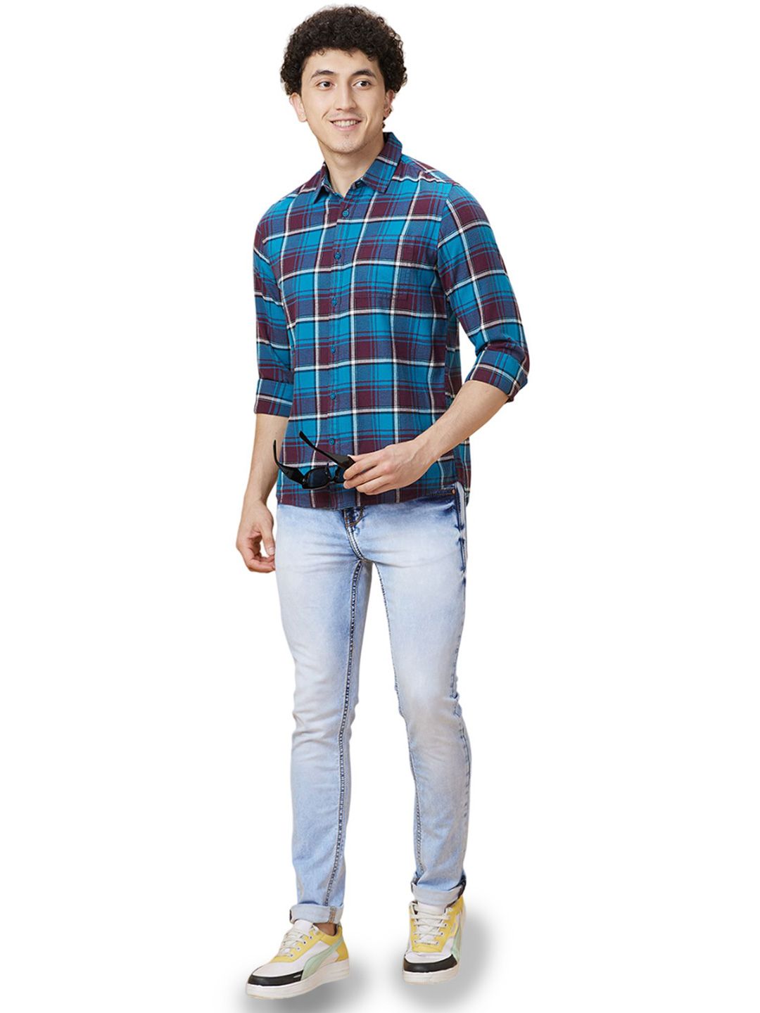 Being Human Men Classic Slim Fit Spread Collar Tartan Checked Cotton Casual Shirt