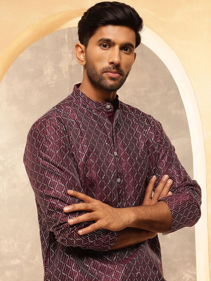 Anouk Geometric Embroidered Thread Work Band Collar Silk Cotton Kurta with Pyjamas