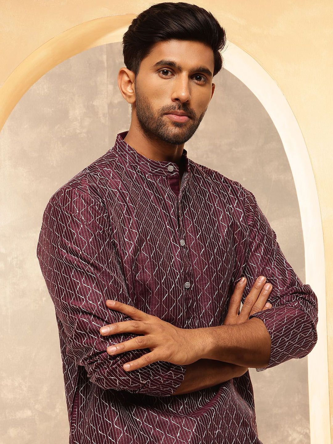 Anouk Geometric Embroidered Thread Work Band Collar Silk Cotton Kurta with Pyjamas