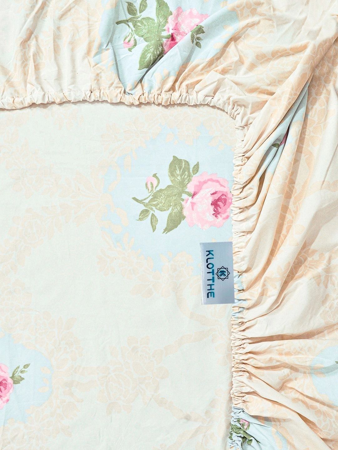 KLOTTHE Cream-Coloured & Pink Floral Fitted 300 TC Single Bedsheet with 1 Pillow Cover