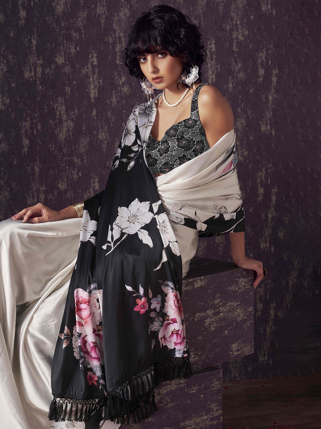 Tikhi Imli Floral Satin Fusion Black And White Saree
