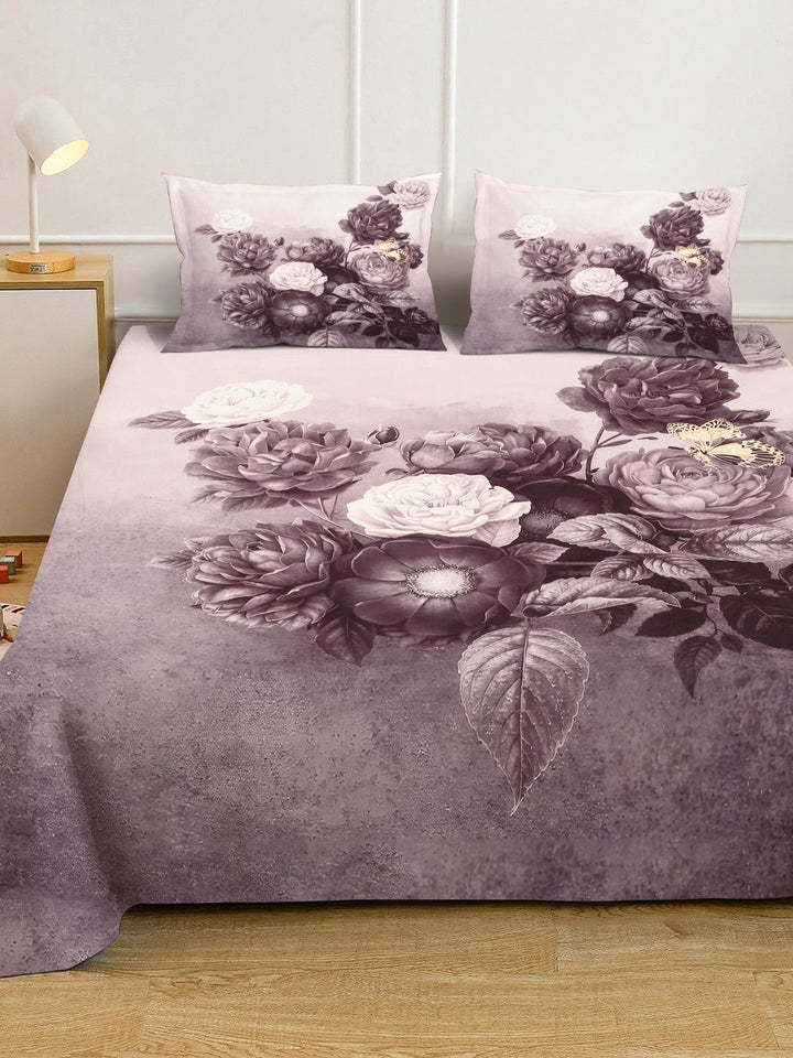 Myntra Elegant Homes Purple Floral 300 TC King Bedsheet with 2 Pillow Covers