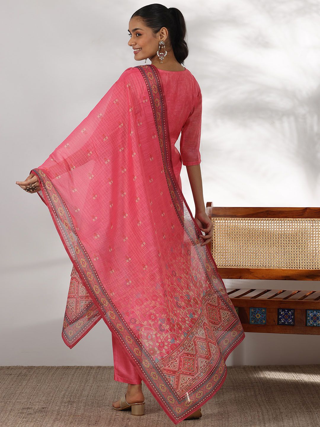 Libas Floral Yoke Design Sequinned Straight Kurta with Trousers & With Dupatta