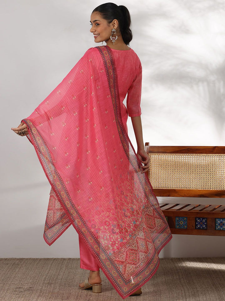 Libas Floral Yoke Design Sequinned Straight Kurta with Trousers & With Dupatta