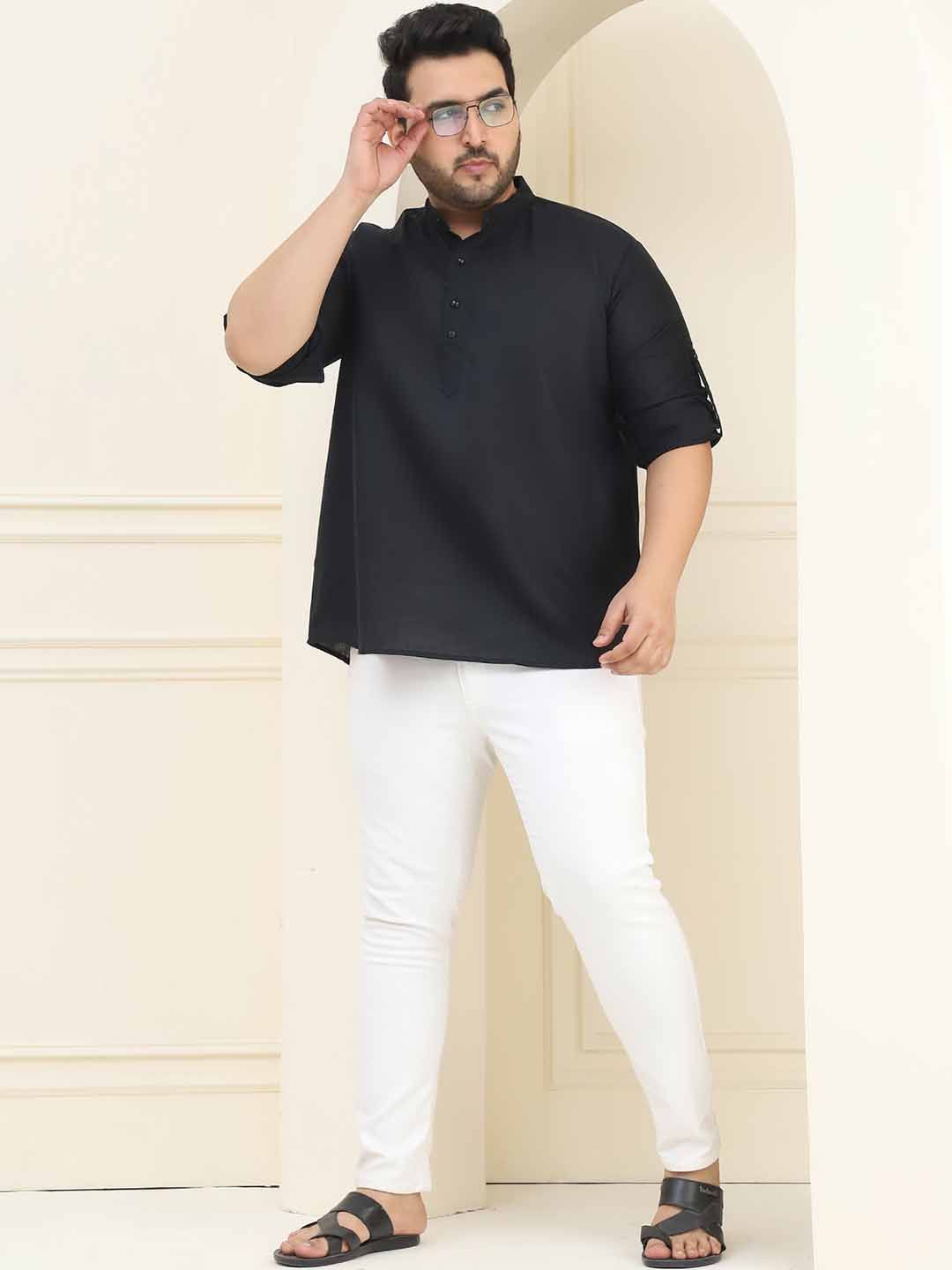 SOJANYA PLUS Band Collar Long Roll-Up Lengan Kurta Lurus Kapas Tulen