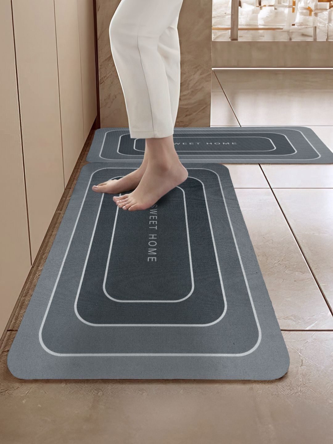 Cortina Grey 2 Pieces Printed Rectangular Anti-Skid Kitchen Mats