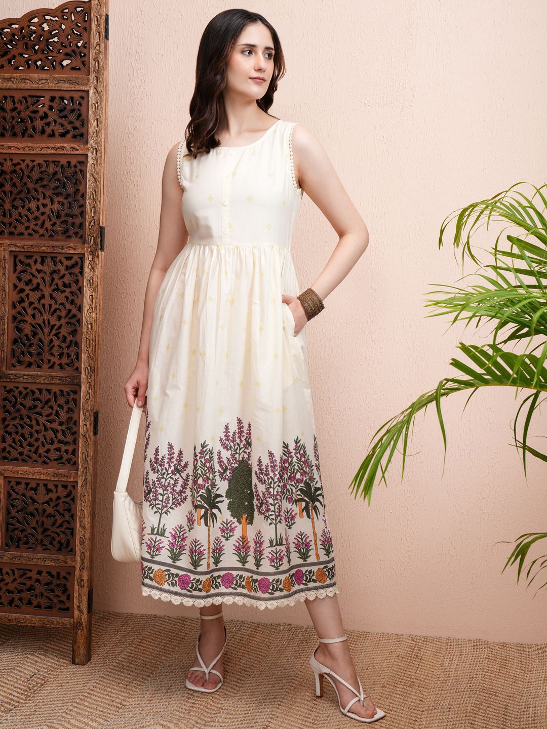 Vishudh Women Solid Floral Print Fit & Flare Midi Dress