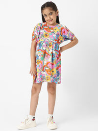 Nauti Nati Girls' Colourful AOP Fit and Flare Dress
