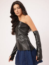 DressBerry Grunge Glam Faux Leather Asymmetric Top With Hand Gloves
