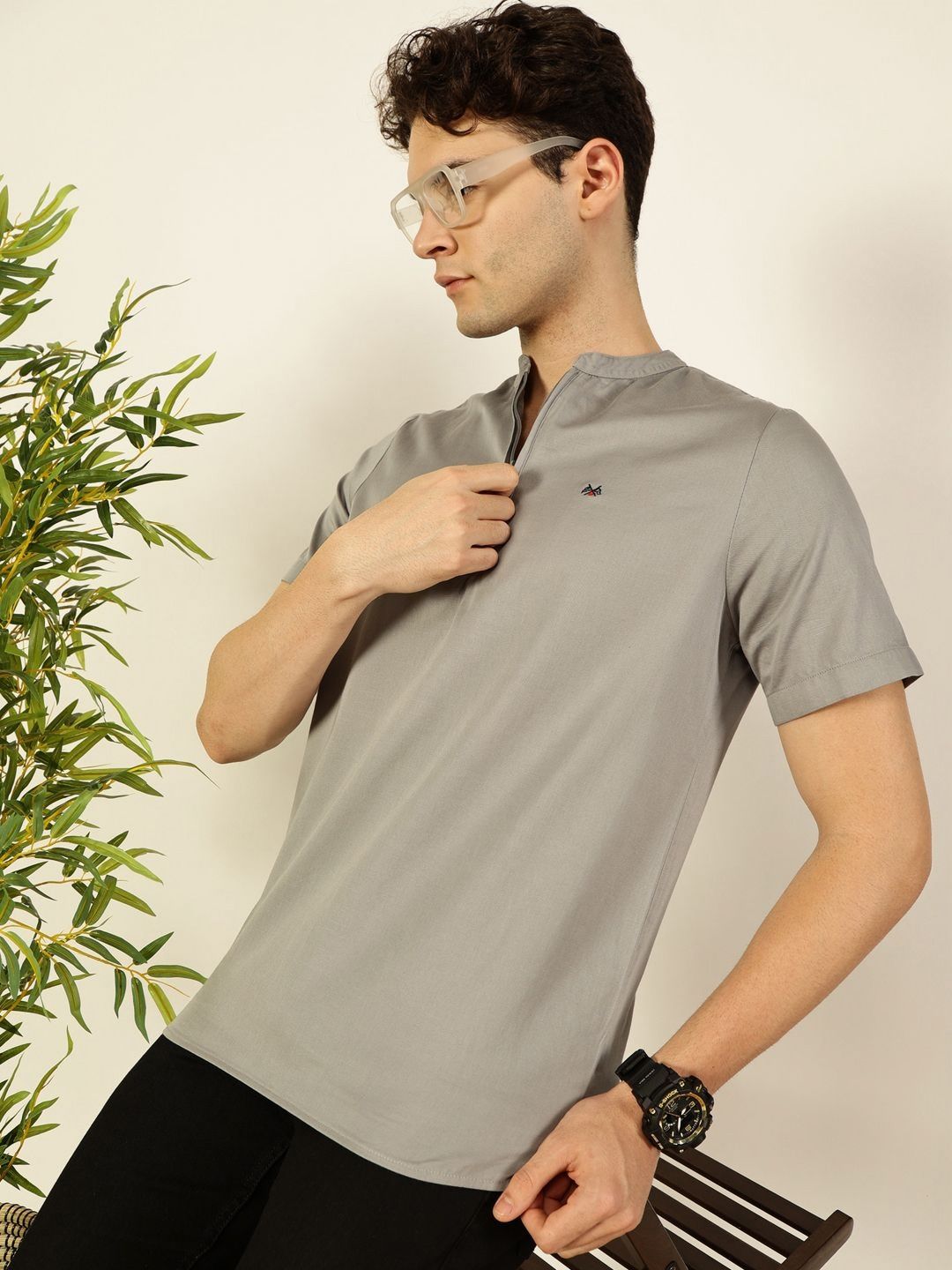 Thomas Scott Men Solid Mandarin Collar Cotton T-Shirt