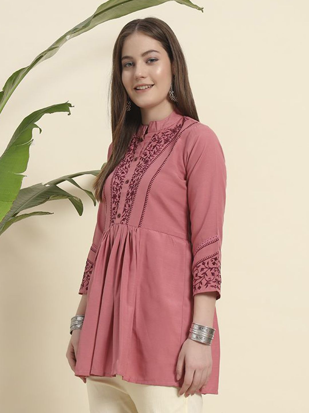 Tunik KALINI Wanita Viskos Rayon Leher Mandarin Bersulam