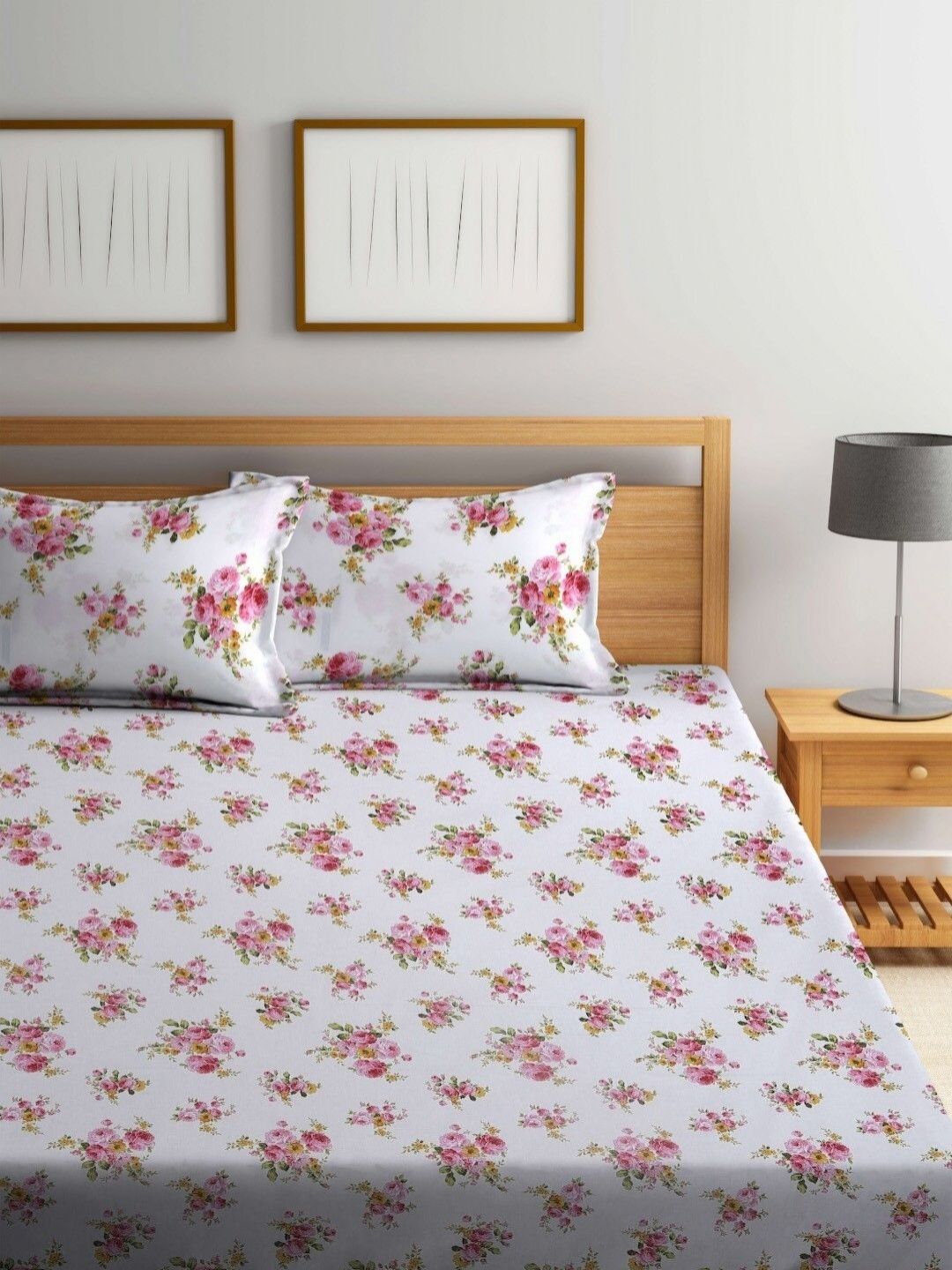 BOMBAY DYEING 525B Pink & White Floral 164 TC Pure Cotton Queen Bedsheet Set