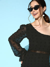 Berrylush One Shoulder Bishop Sleeve Jacquard Bodycon Mini Dress