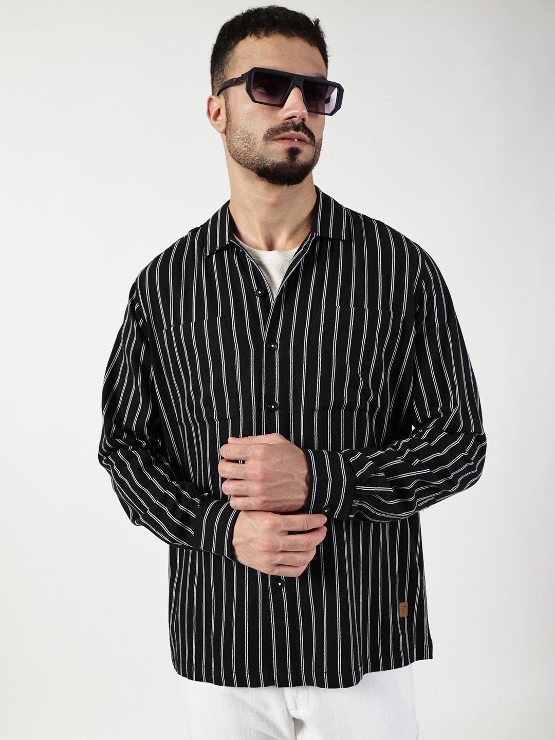 Thomas Scott Men Premium Spread Collar Vertical Striped Cotton Slim Fit Casual Shirt