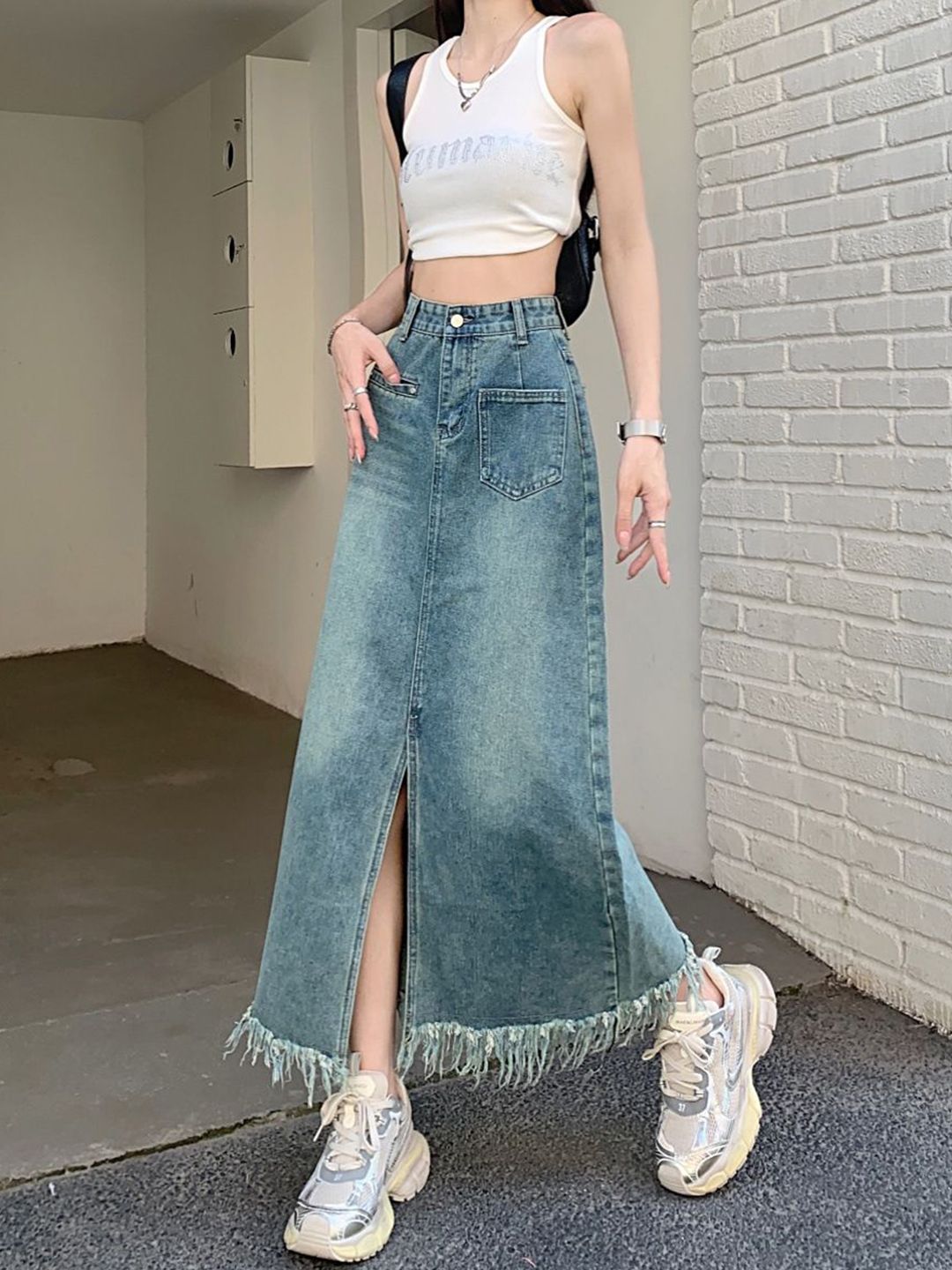 DressBerry Women Denim A-Line Maxi Skirt