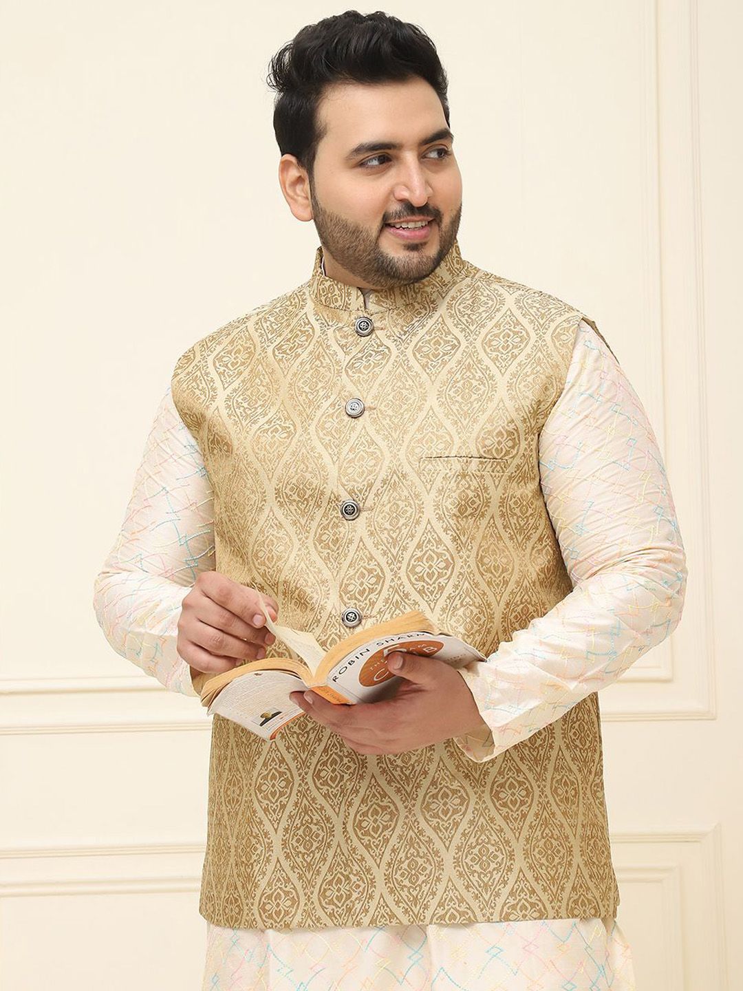SOJANYA PLUS Lelaki Plus Size Printed Mandarin Collar Nehru Jaket