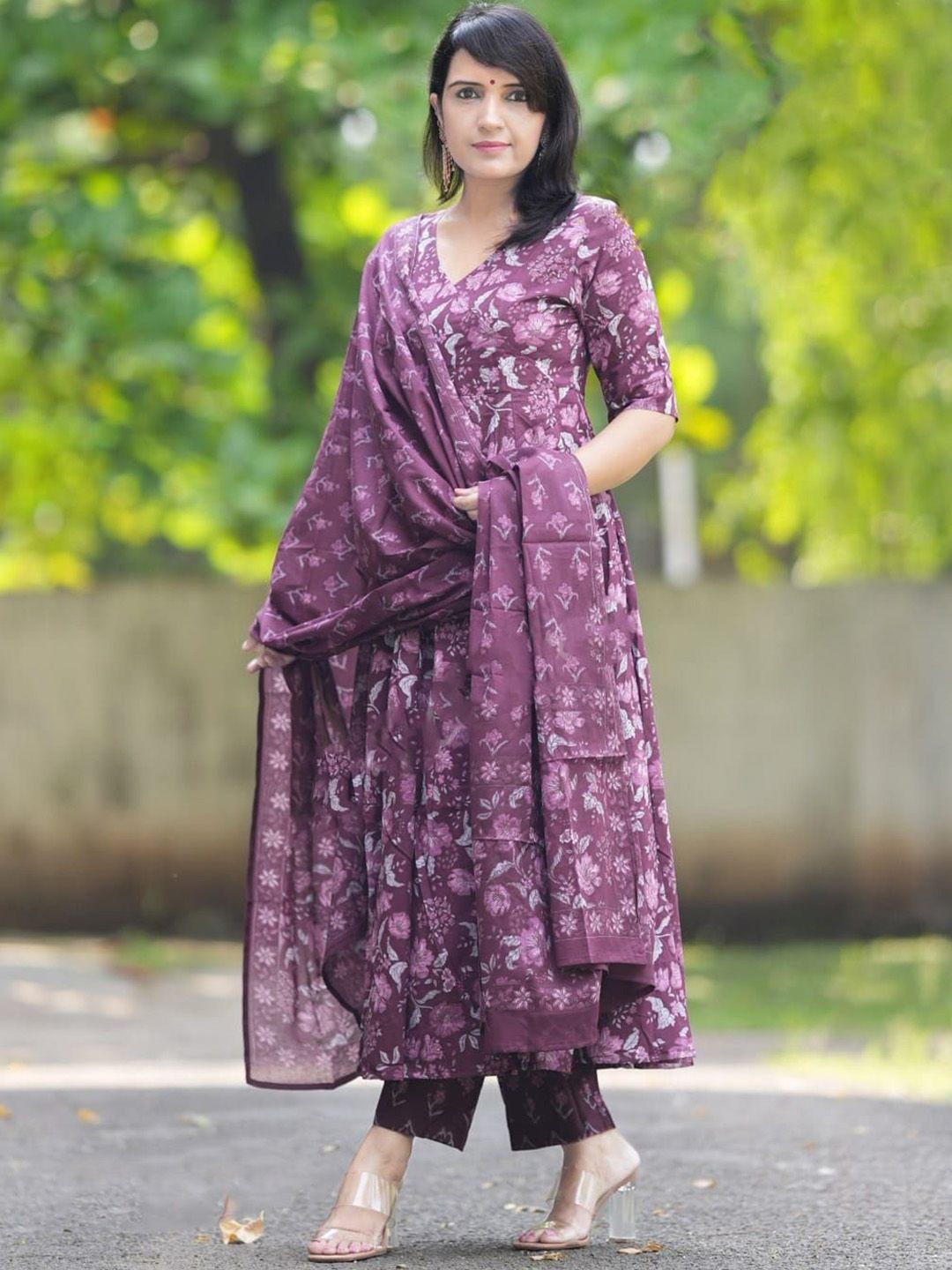 KALINI Floral Printed V-Neck Anarkali Kurta With Trousers And Dupatta