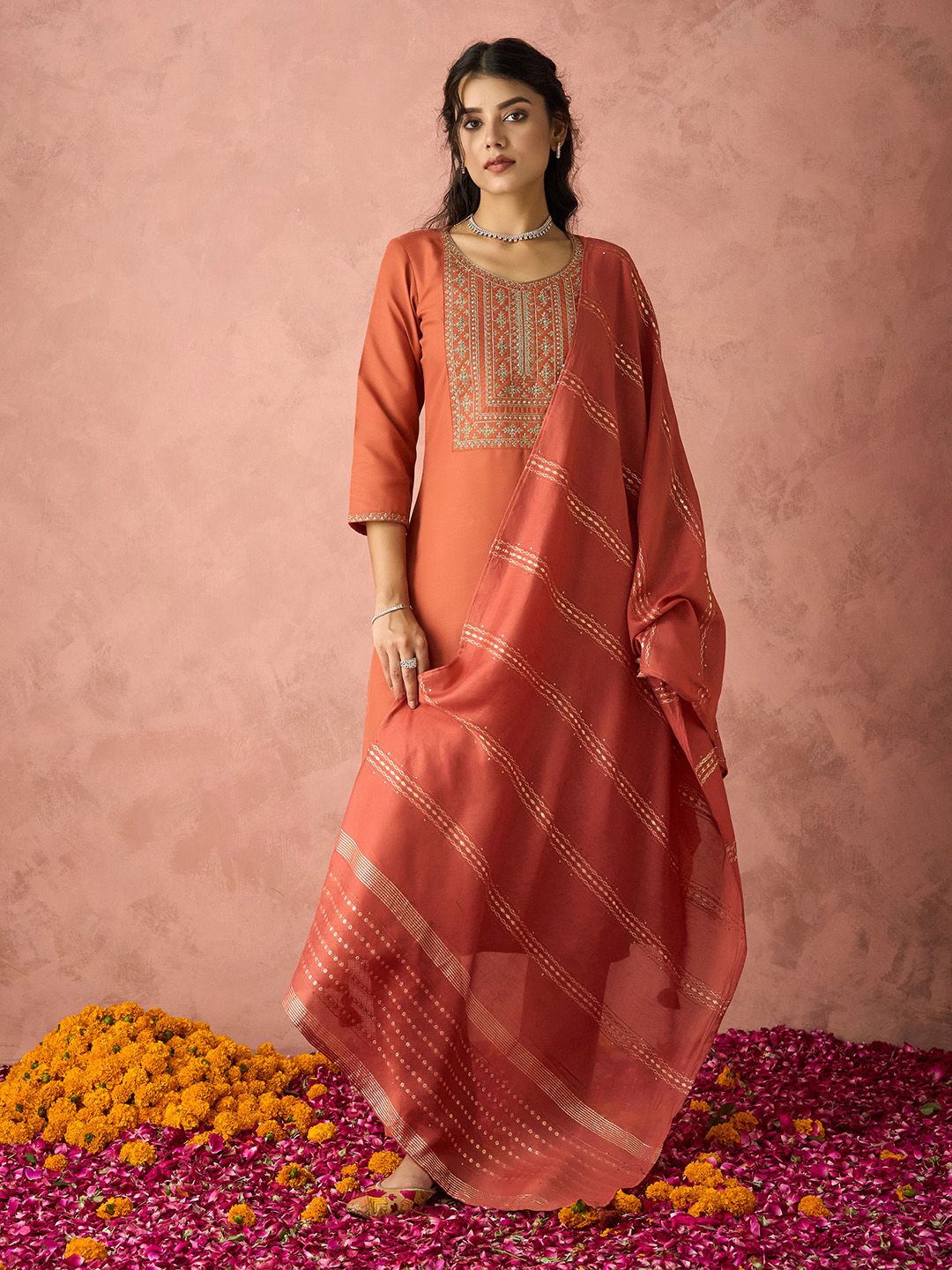 KALINI Ethnic Motifs Yoke Design Sequinned Kurta with Trousers & Dupatta