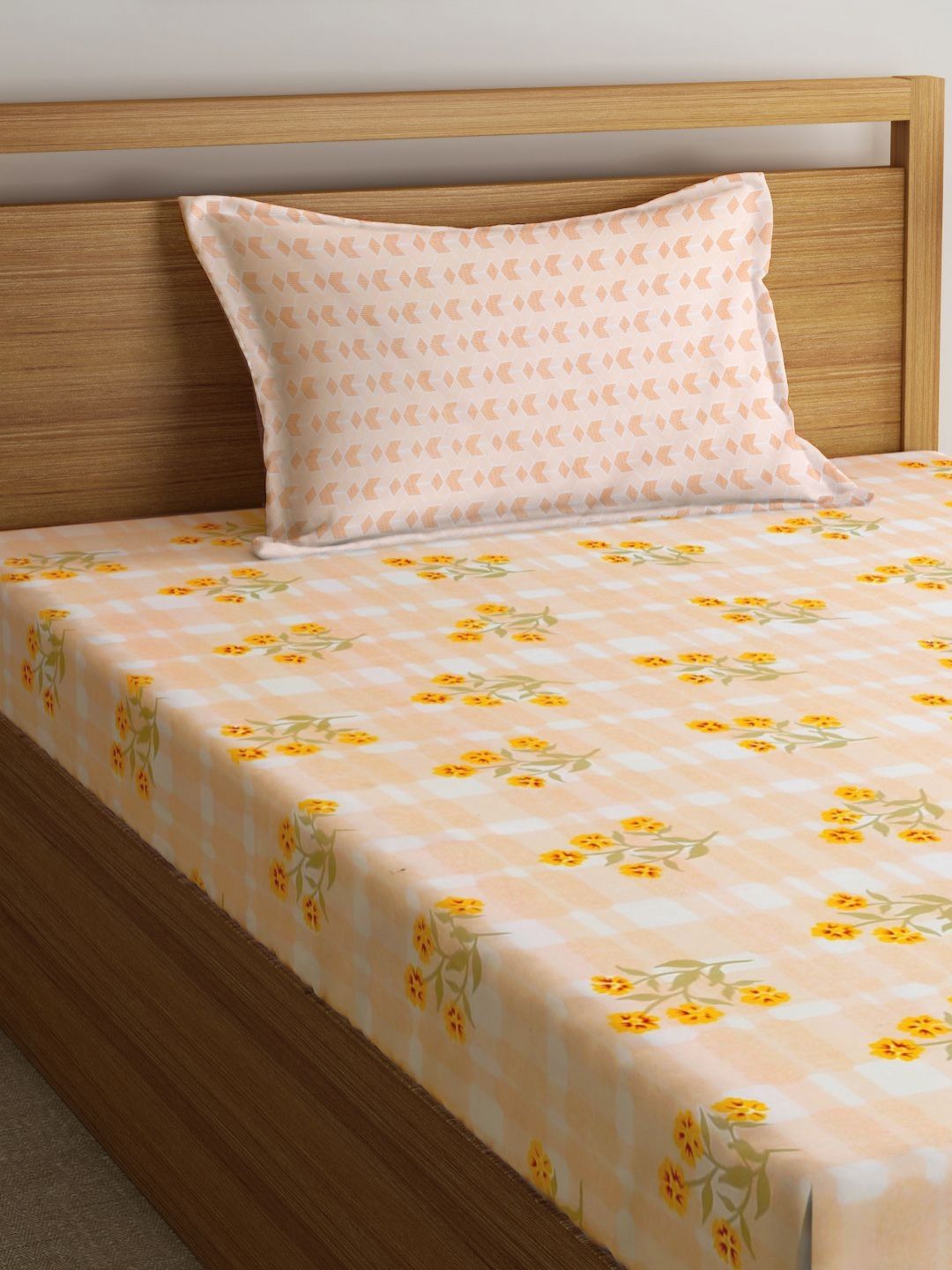 Myntra Elegant Homes Yellow & Green Floral Printed 300TC Single Bedsheet Set 2.20m x 1.50m