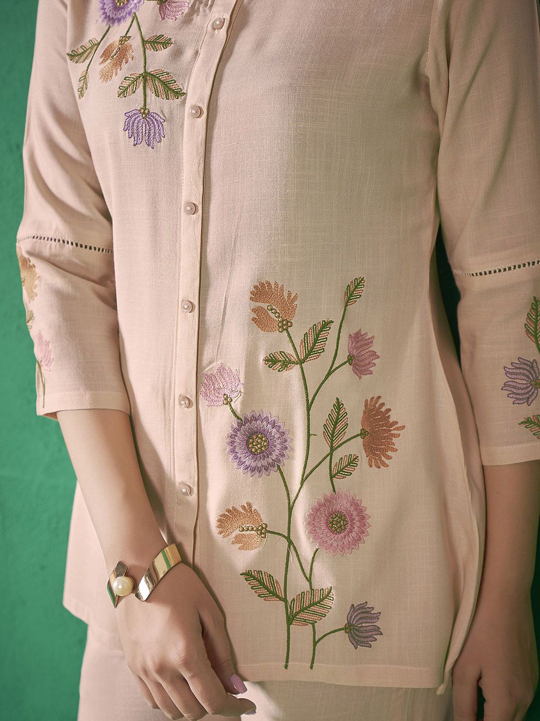 Anouk Beige Shirt Collar Embroidered Liva Shirt & Trouser
