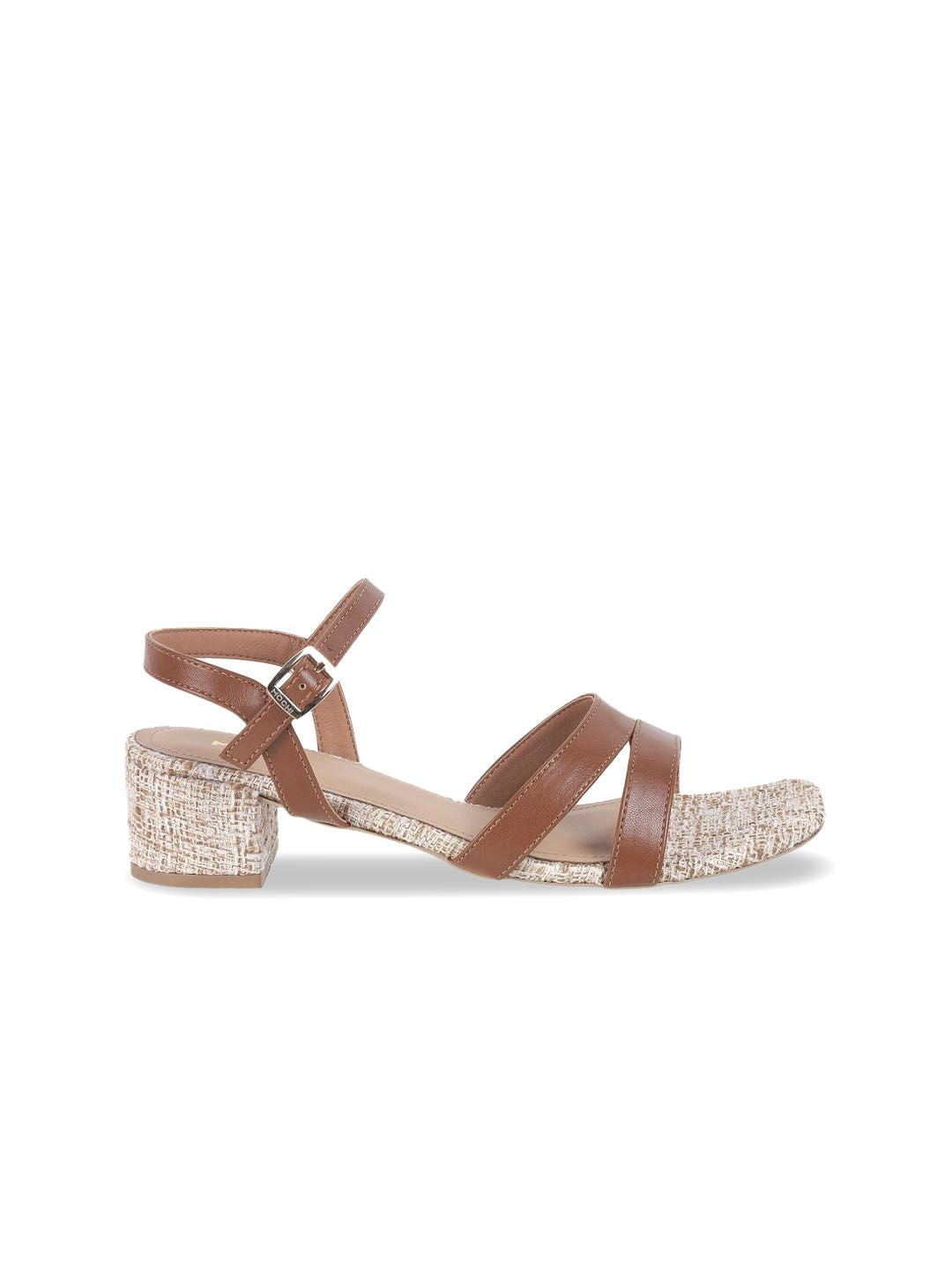 Mochi Women Woven Design Block Heel Sandals with Buckles