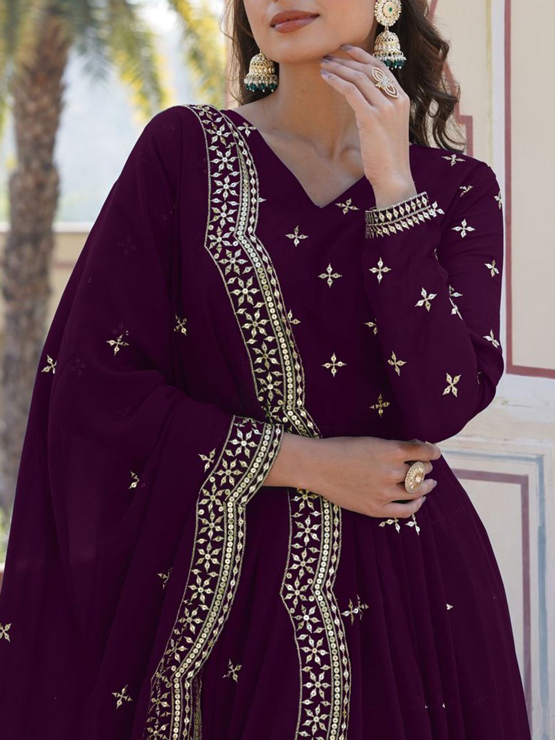 KALINI Floral Embroidered V Neck Gotta Patti Work Georgette Anarkali Kurta With Dupatta
