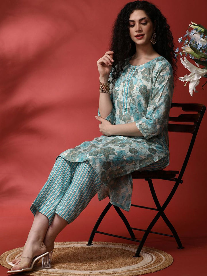 Anouk Blue & Off White Floral Printed Round Neck Straight Kurta & Trousers