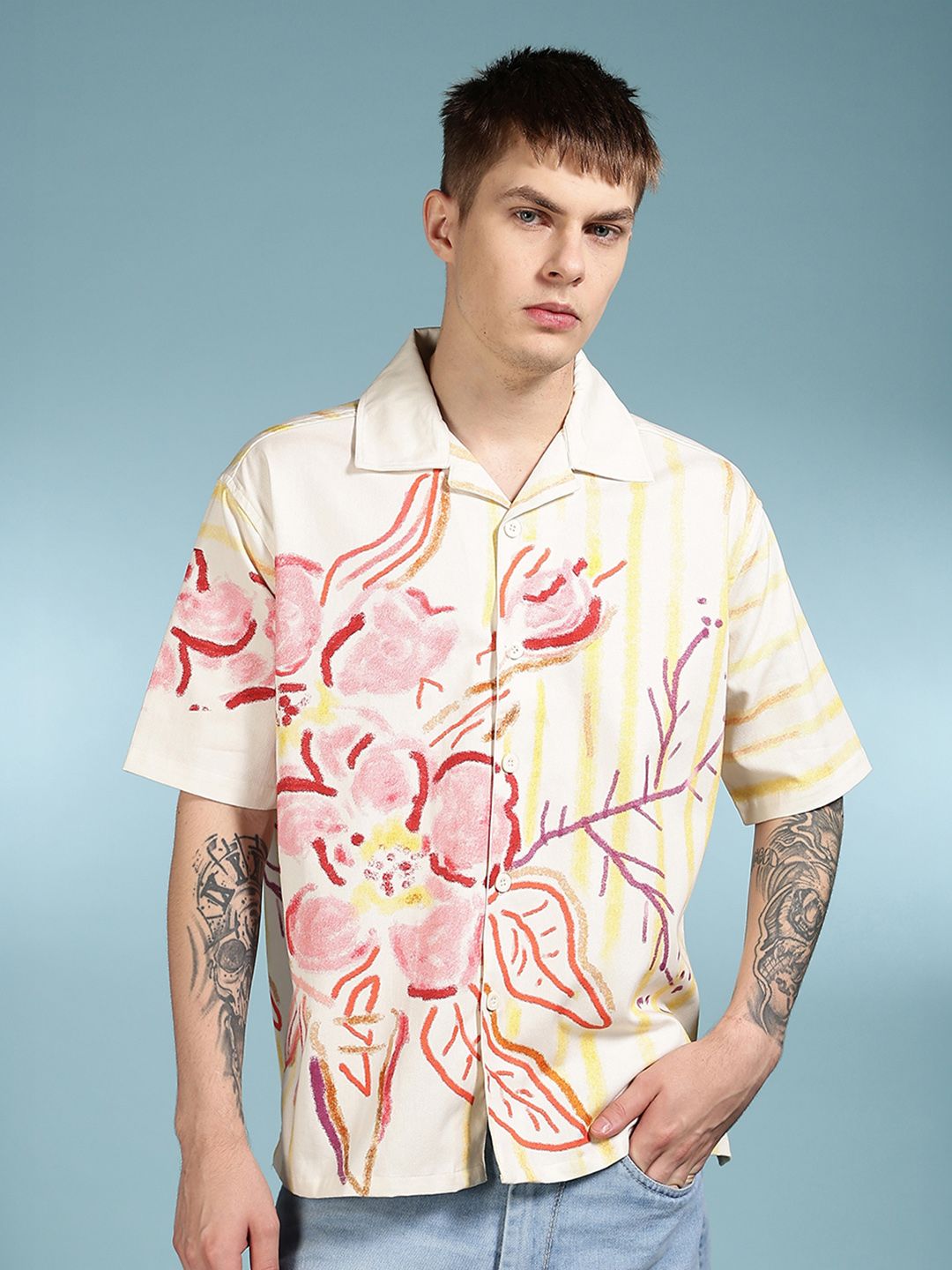 Eszett Men Floral Printed Cuban Collar Pure Cotton Casual Shirt