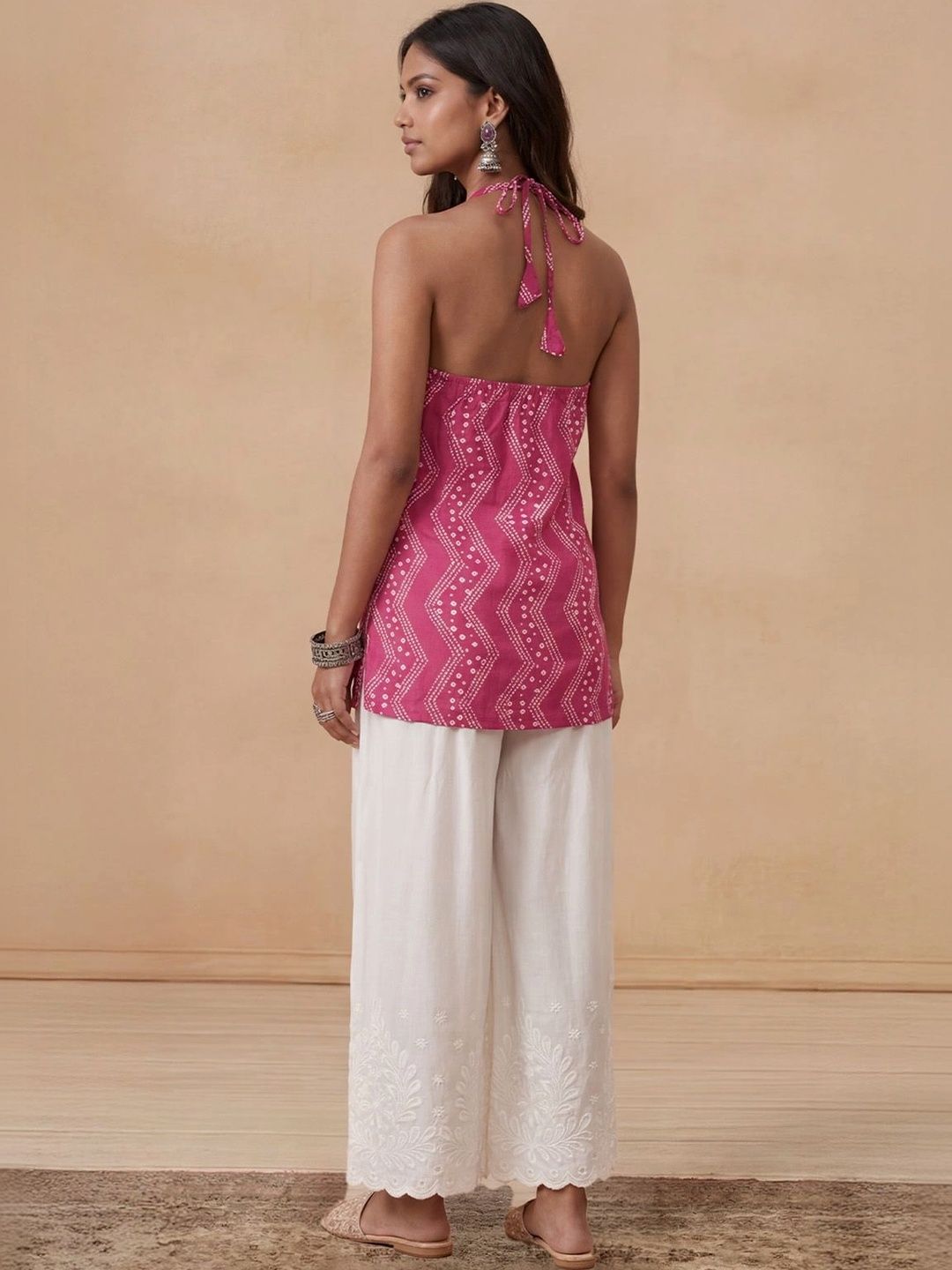 House of Chikankari Women Bandhani Printed Halter Neck Kurta