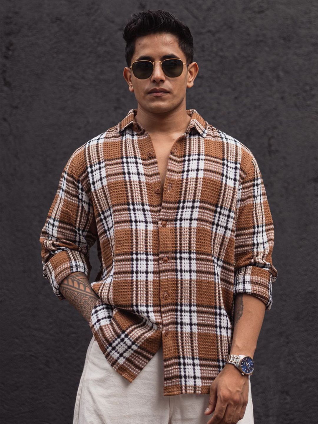 Powerlook Men Spread Collar Tartan Checked Casual Shirt