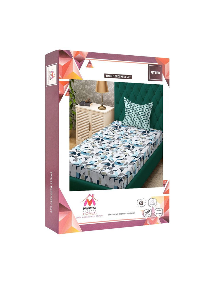 Myntra Elegant Homes White Geometric 300 TC Cadar Katil Single dengan 1 Sarung Bantal