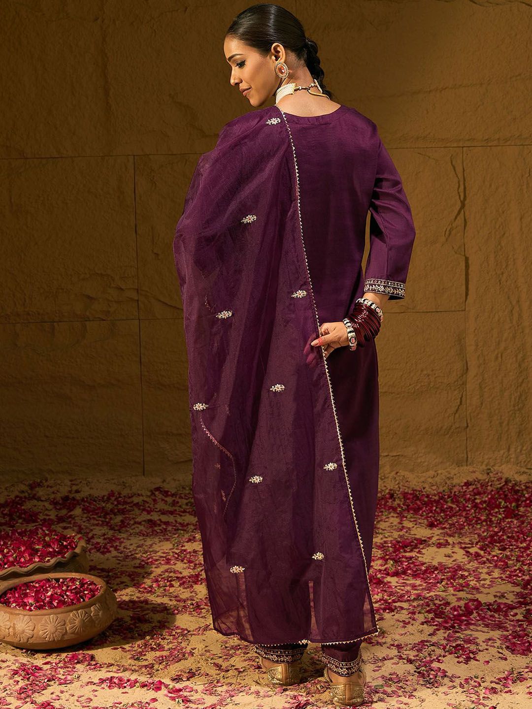 Indo Era Burgundy Floral Embroidered Straight Kurta with Trousers & Dupatta
