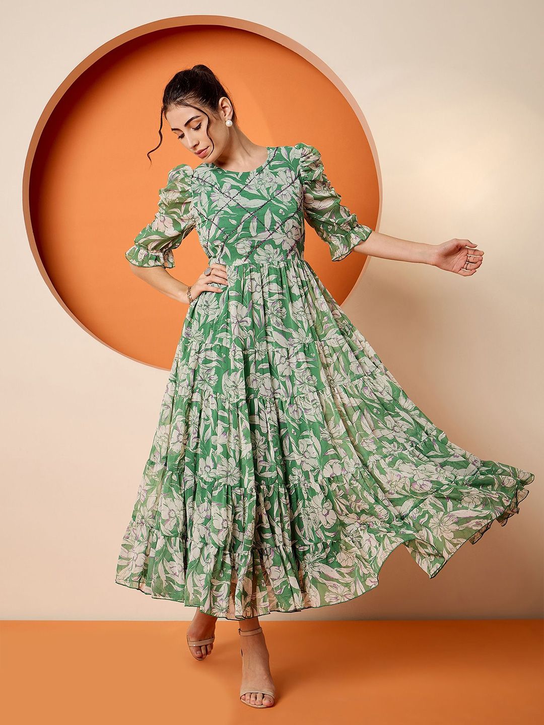 Antheaa Women Tropical Embellished Flutter Sleeve Chiffon Fit & Flare Dress