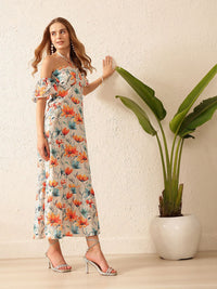 STREET 9 Floral Print Off-Shoulder Bell Sleeve Crepe Maxi Dress