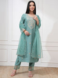 Vishudh Women Sea Embroidered New Roman Kurta with Bott0m and Nylon Organza Dupatta