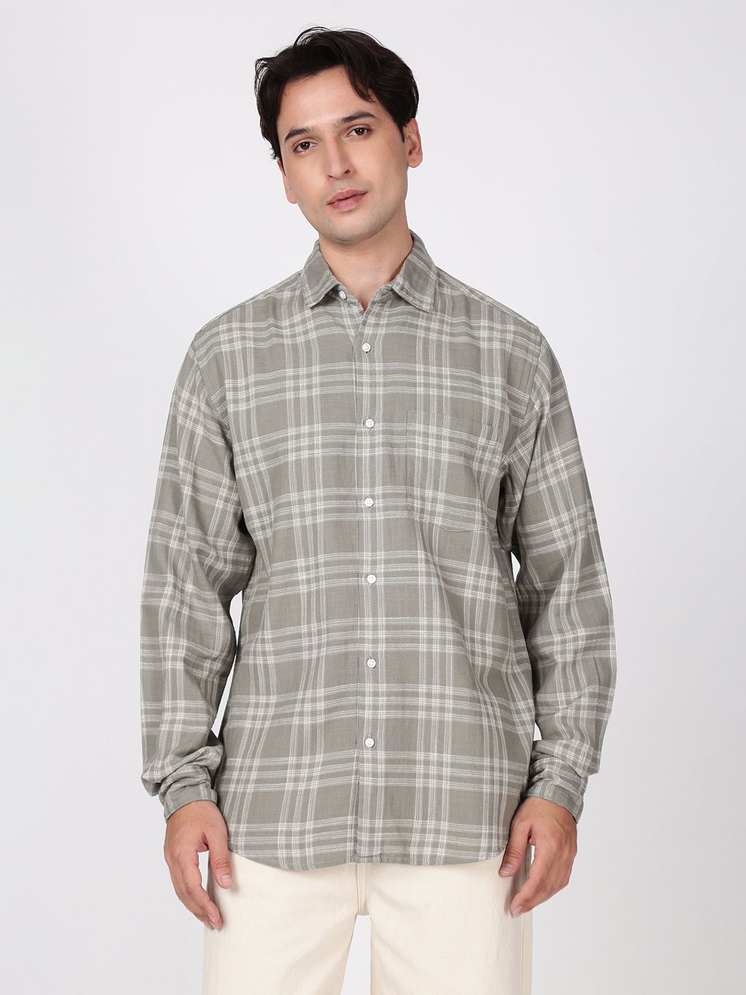 Bene Kleed Men Windowpane Checks Checked Spread Collar Casual Shirt