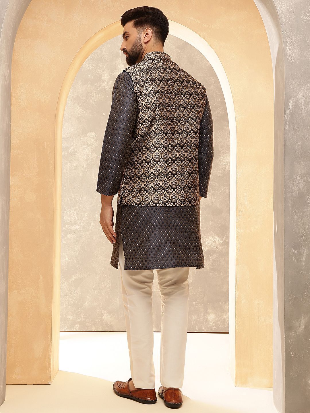 Anouk Black Woven Design Jacquard Silk Straight Kurta With Pyjamas And Nehru Jacket
